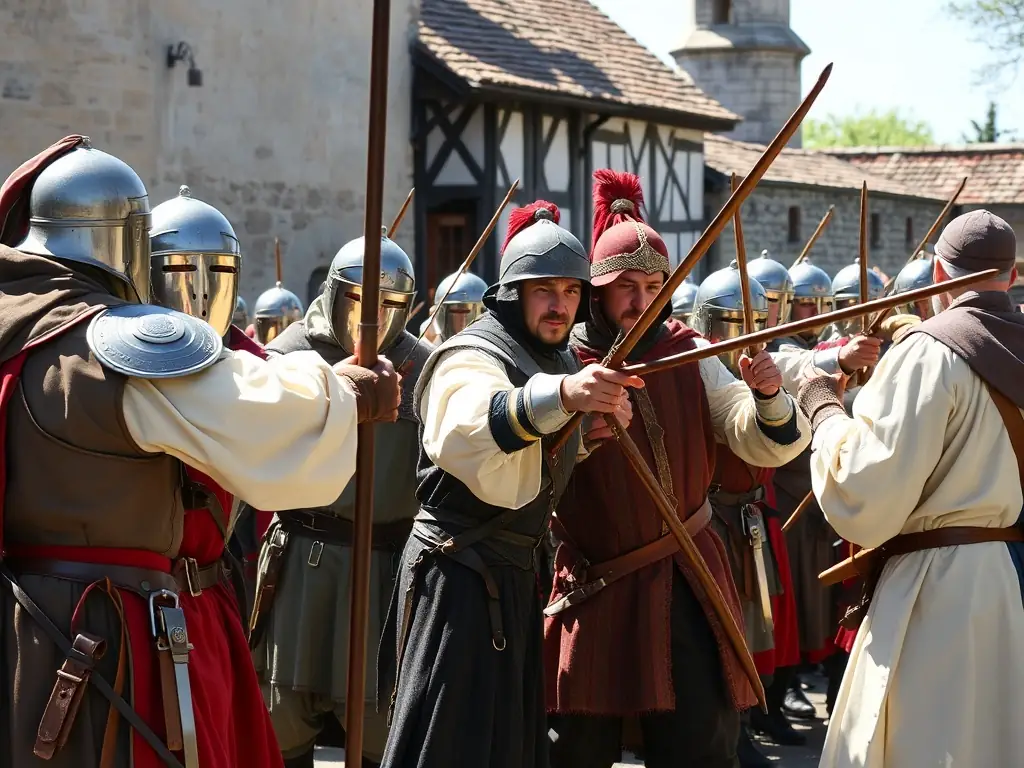A vibrant image depicting participants in a historical reenactment event organized by LES CHEVALIERS DE VENTADOUR, showcasing period costumes and activities.