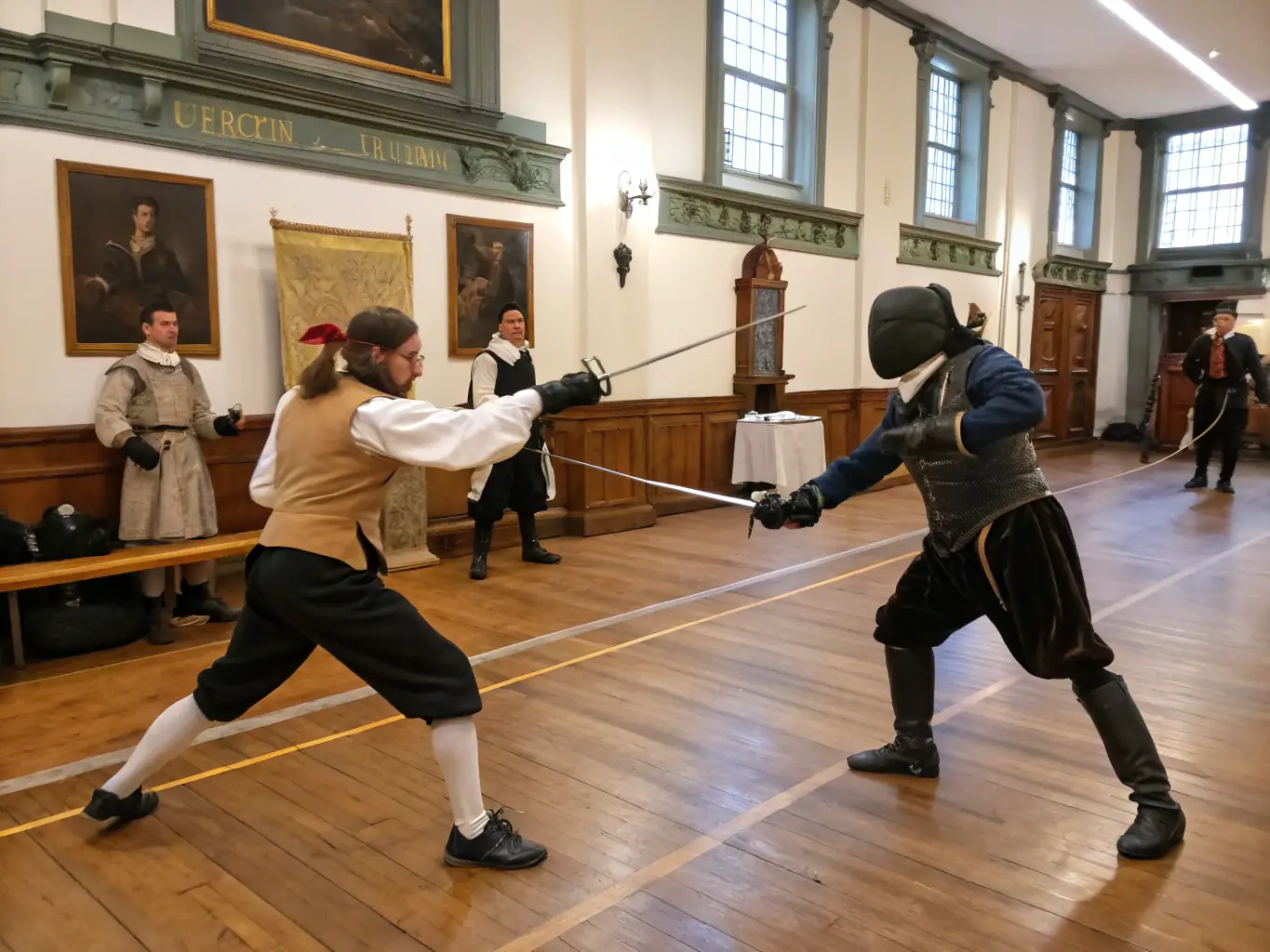 A vibrant image depicting participants engaging in a medieval combat demonstration, showcasing the technical skills and historical accuracy involved.