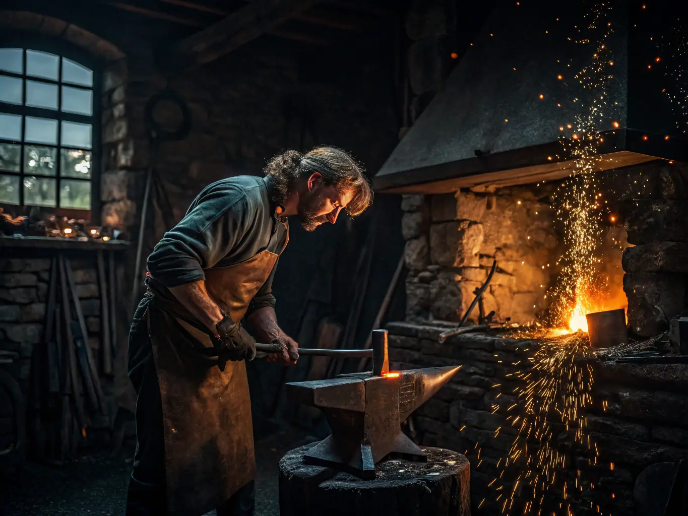 A photograph of a technical workshop where participants are learning traditional crafts or skills, such as blacksmithing or woodworking.