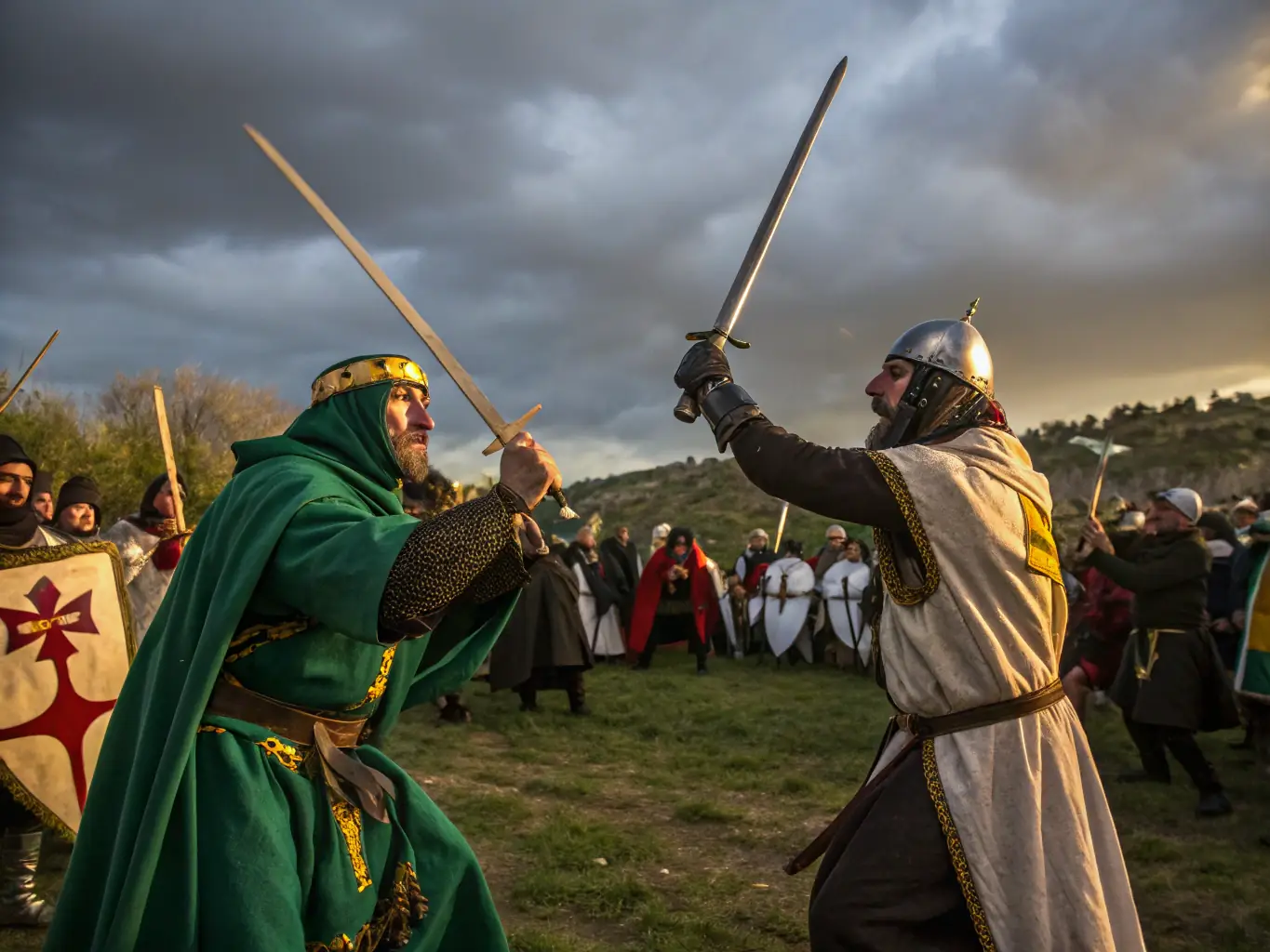 A vibrant image depicting participants actively engaged in a medieval reenactment, showcasing traditional crafts and attire, set against the backdrop of a historical site.