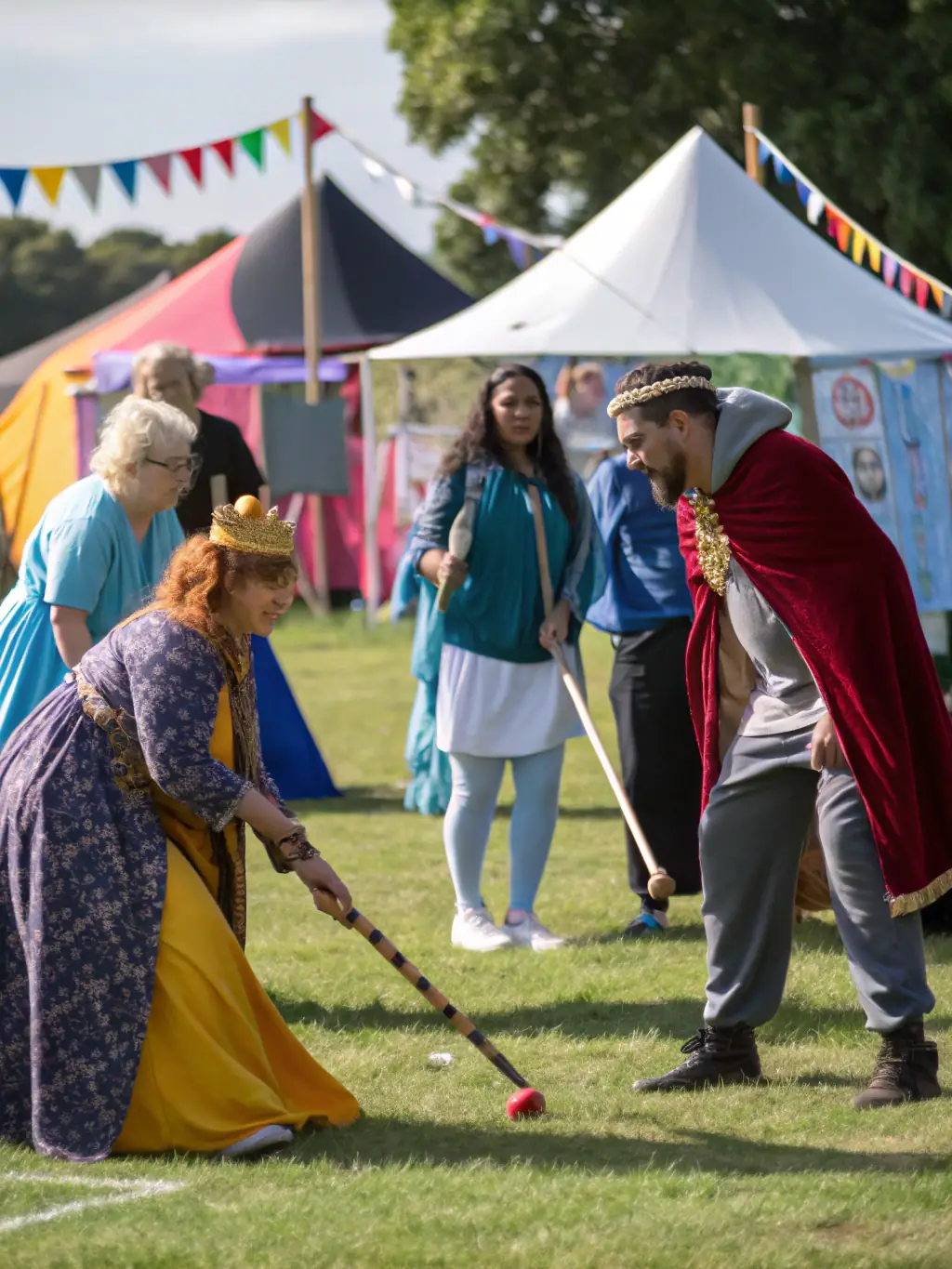 A vibrant image of community members participating in a historical reenactment organized by LES CHEVALIERS DE VENTADOUR, showcasing the joy and engagement of participants.