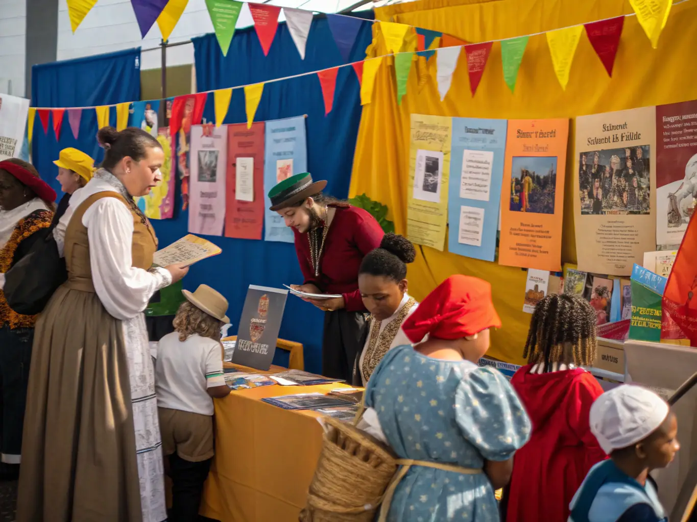A photograph capturing a historical reenactment event, with participants dressed in period costumes and engaging in various activities.