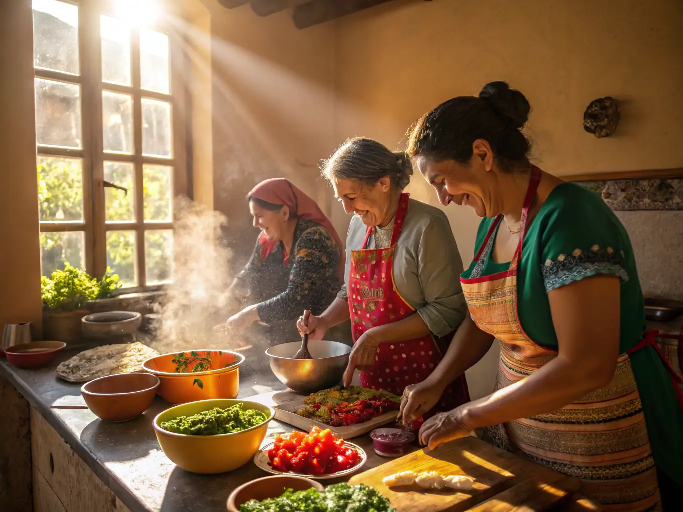 An image showing a group of people participating in a historical cooking workshop, preparing traditional dishes using authentic methods.