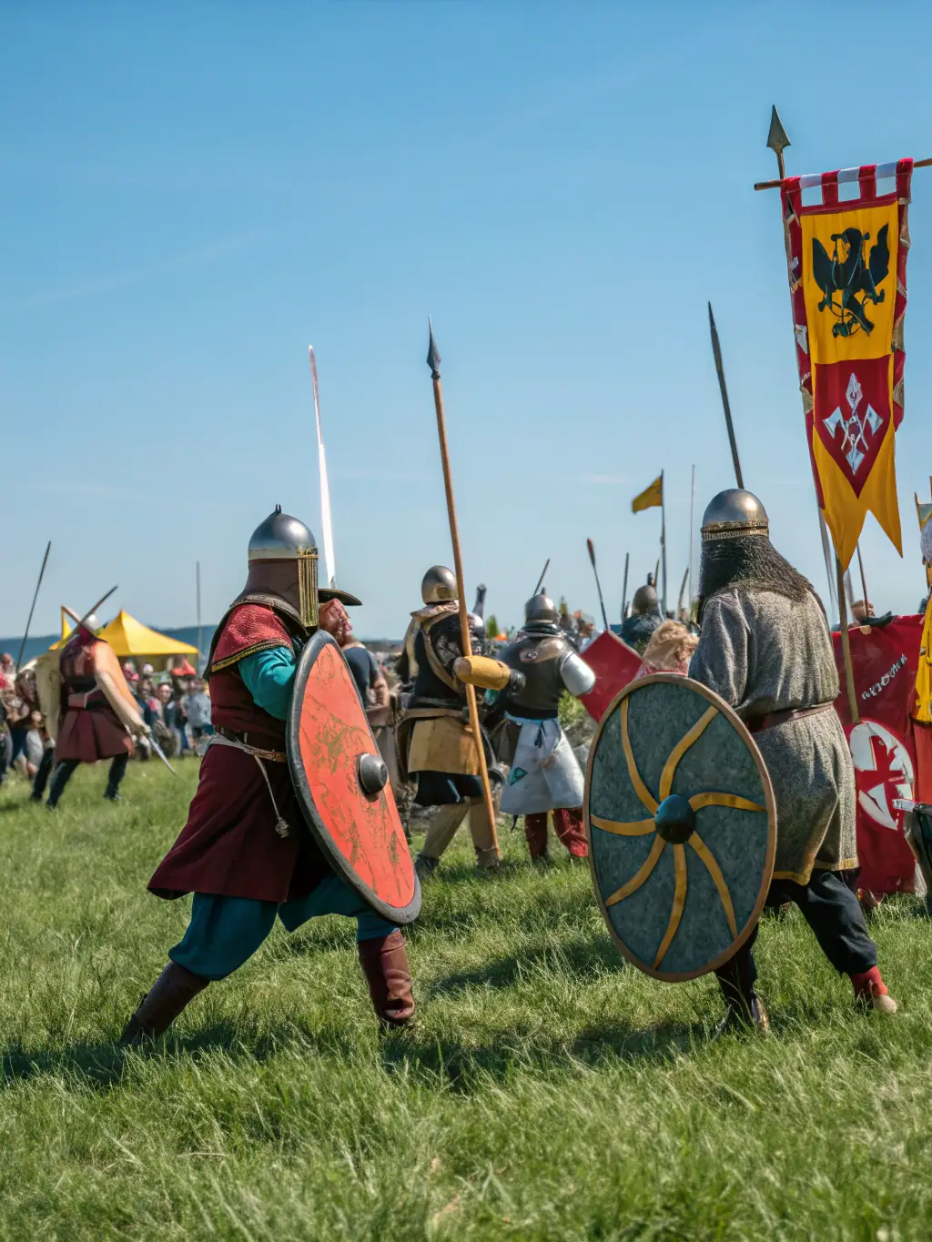 A vibrant image depicting participants engaging in a medieval combat demonstration, showcasing the historical accuracy and excitement of the event.
