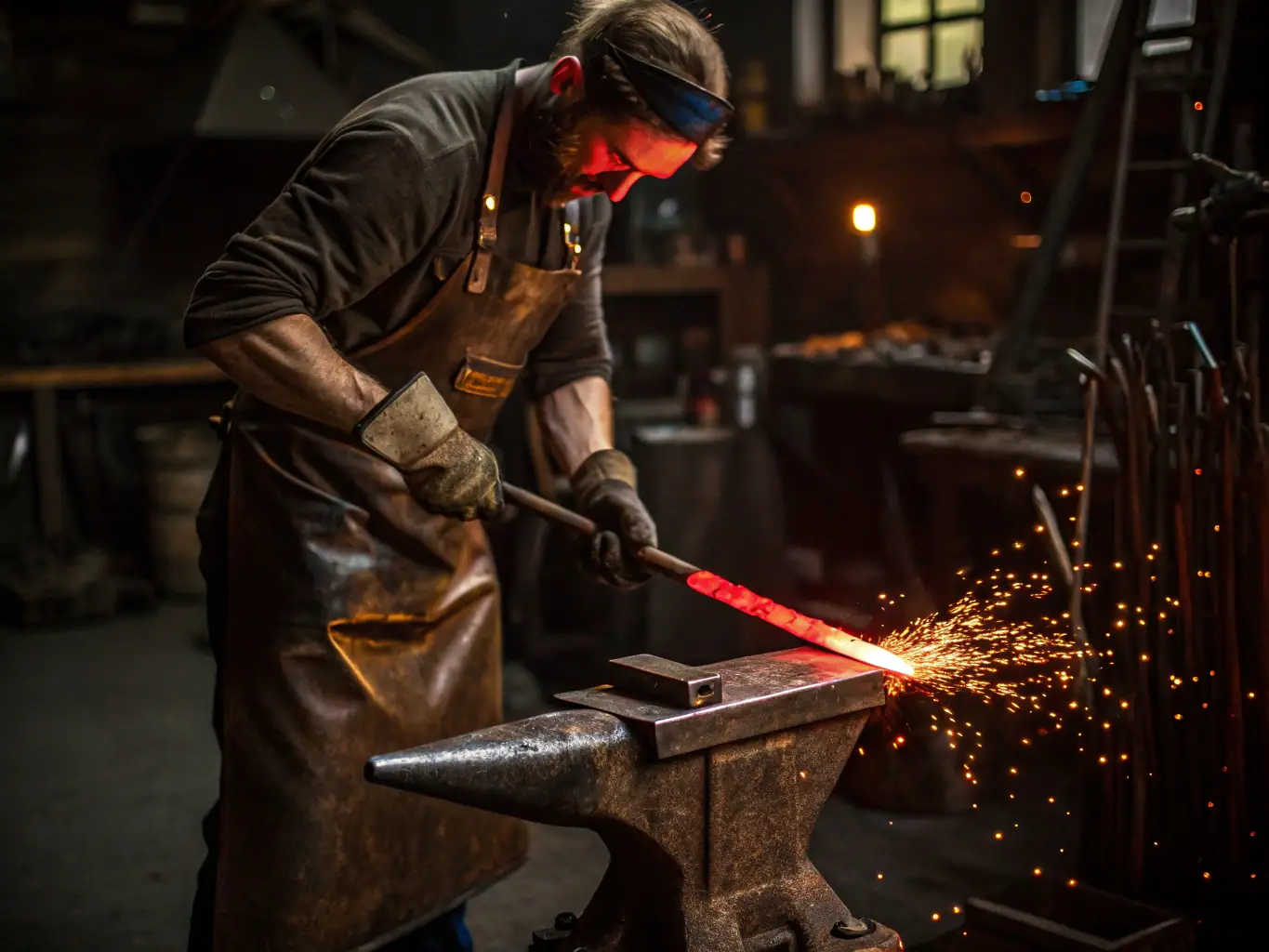 A detailed image of a blacksmith demonstrating traditional metalworking techniques, with sparks flying and focused participants observing the process.